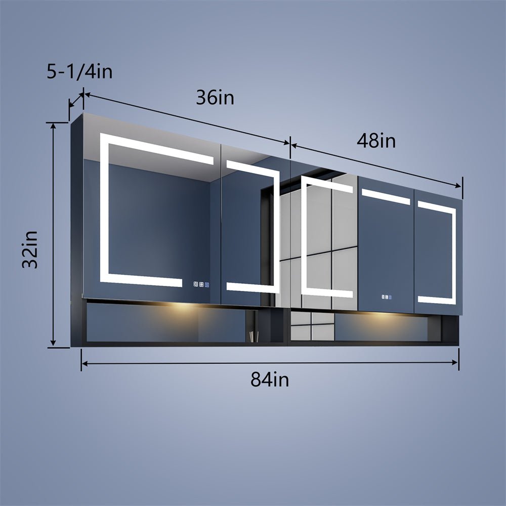 Ample 84" W x 32" H LED Lighted Mirror Black Medicine Cabinet with Shelves for Bathroom Recessed or Surface Mount