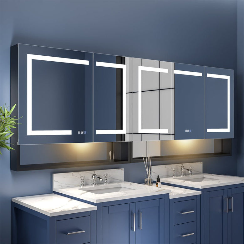 Ample 84" W x 32" H LED Lighted Mirror Black Medicine Cabinet with Shelves for Bathroom Recessed or Surface Mount