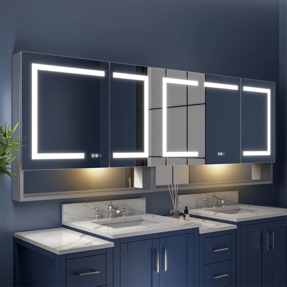 Ample 84" W x 32" H LED Lighted Mirror Chrome Medicine Cabinet with Shelves for Bathroom Recessed or Surface Mount
