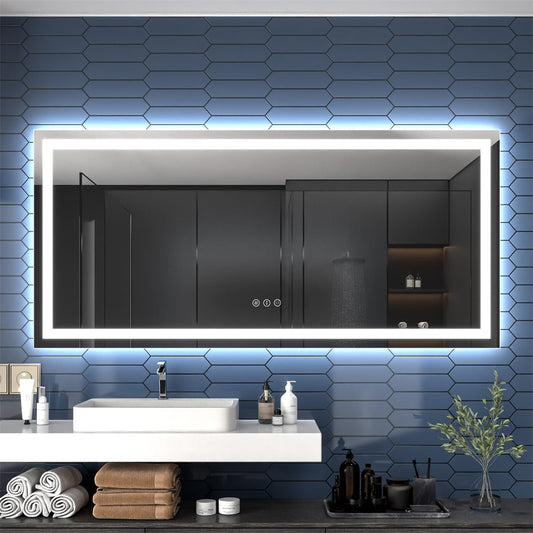 Apex 77" W x 36" H LED Bathroom Large Light Led Mirror,Anti Fog,Dimmable,Dual Lighting Mode,Tempered Glass