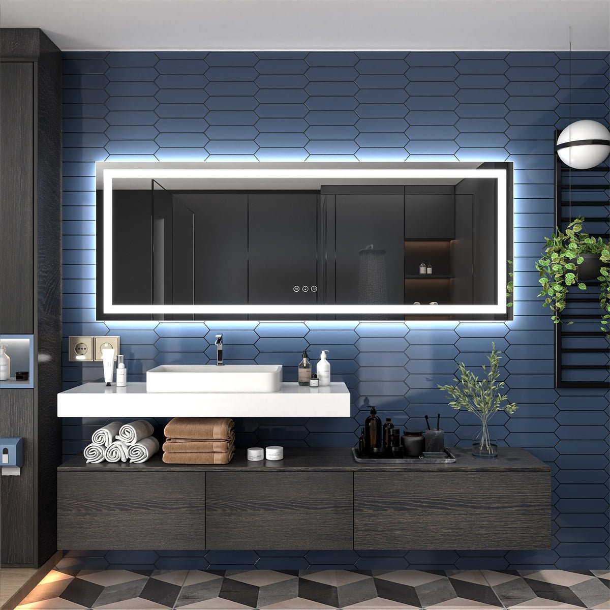 Apex 84" W x 32" H LED Bathroom Large Light Led Mirror,Anti Fog,Dimmable,Dual Lighting Mode,Tempered Glass