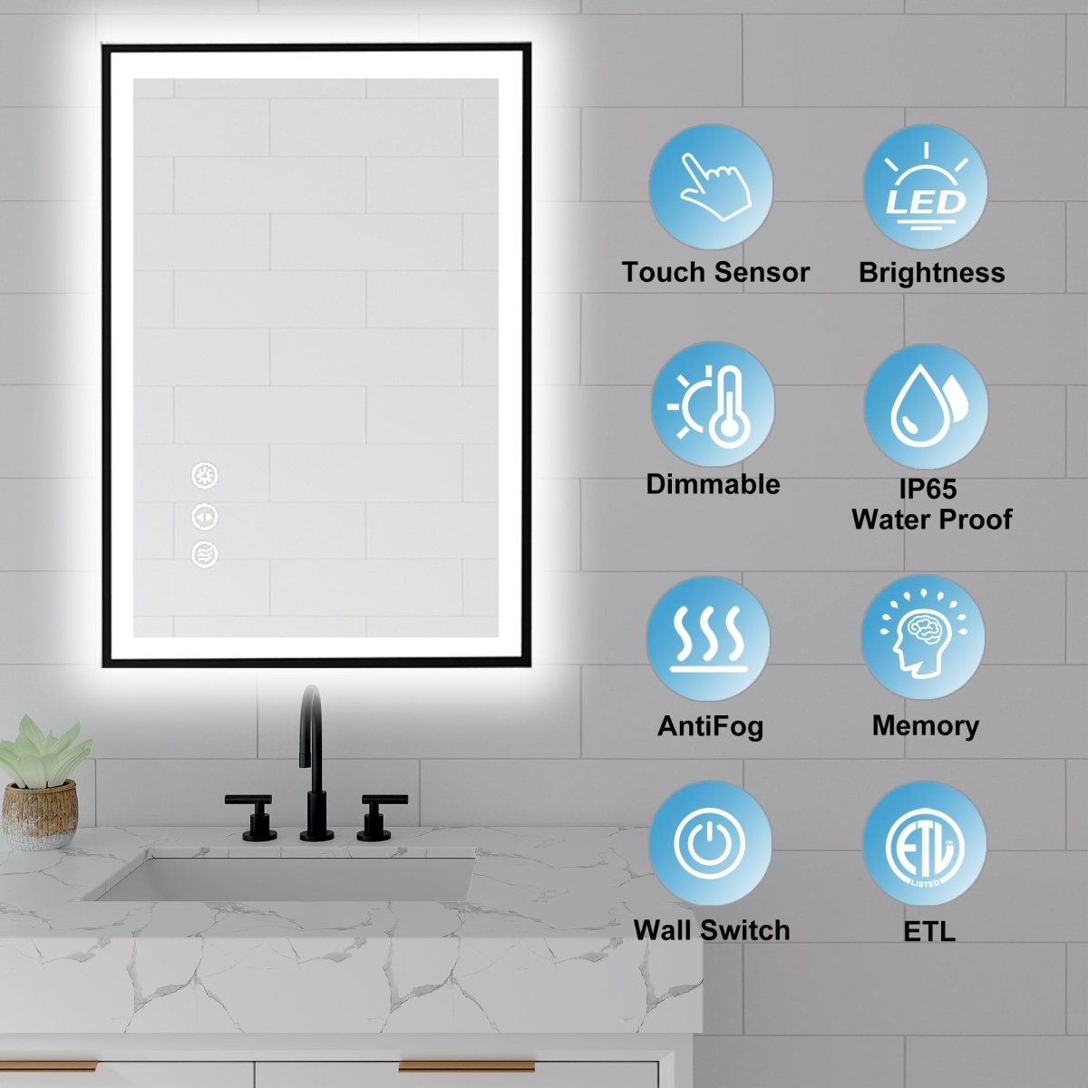 Apex-Noir 60"x28" Framed LED Lighted Bathroom Mirror