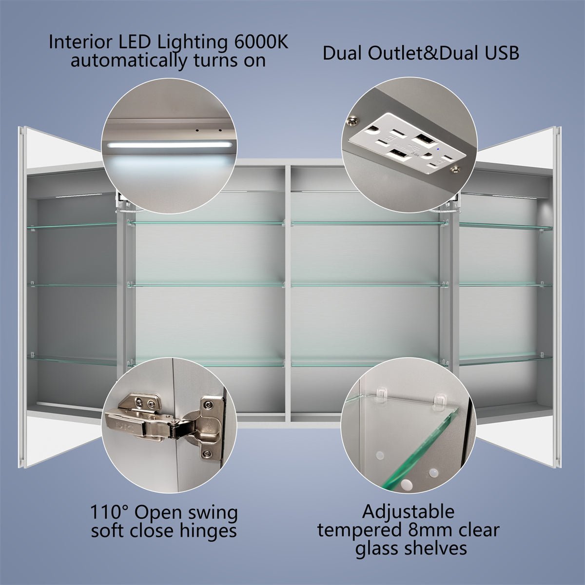 Boost-M1 44 W x 30 H Light Medicine Cabinet Recessed or Surface Mount Aluminum Adjustable Shelves Vanity Mirror Cabinet