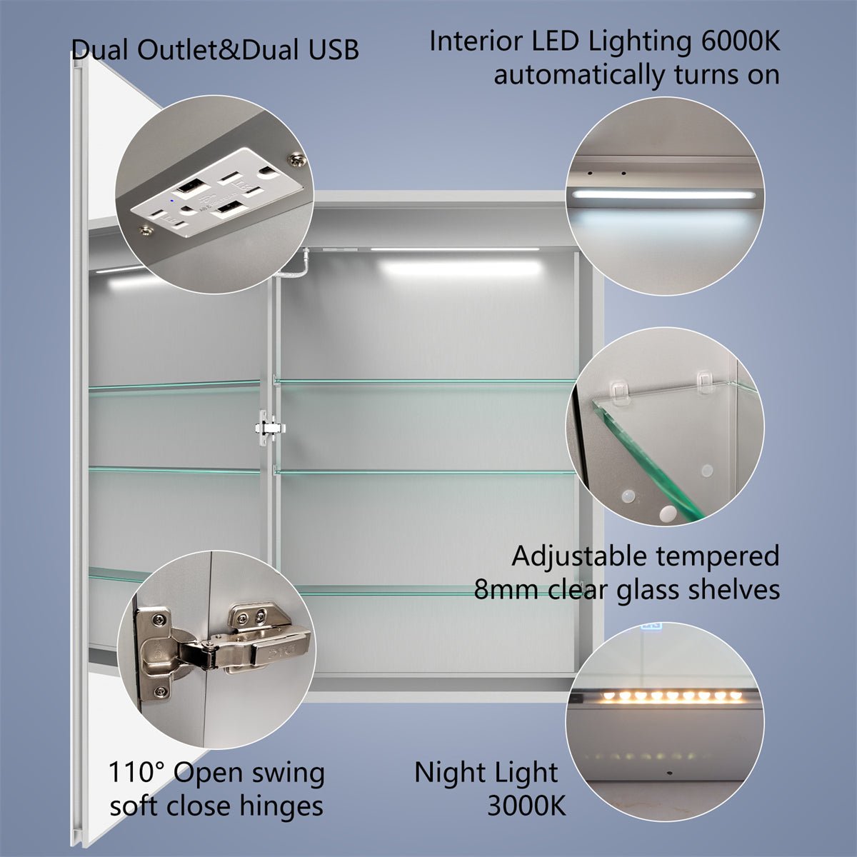 Boost-M2 20" W x 36" H LED Lighted Bathroom Medicine Cabinet with Mirror and Clock - ExBriteUSA