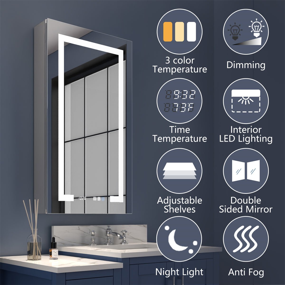 Boost-M2 20" W x 36" H LED Lighted Bathroom Medicine Cabinet with Mirror and Clock - ExBriteUSA