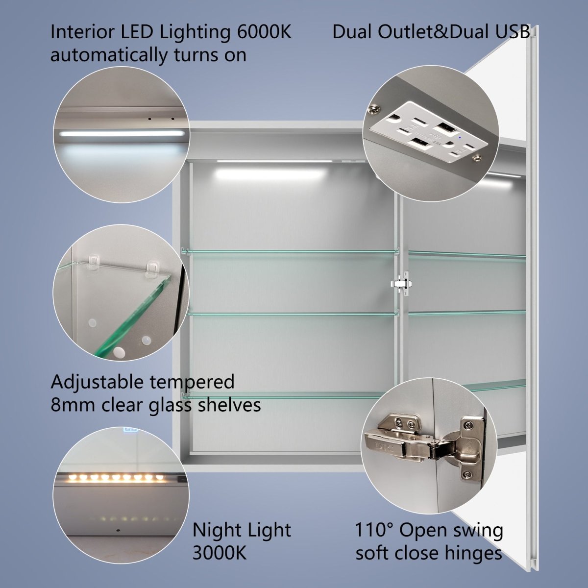 Boost-M2 20" W x 36" H LED Lighted Bathroom Medicine Cabinet with Mirror and Clock, Right Hinge