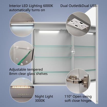 Boost-M2 24" W x 36" H LED Lighted Bathroom Medicine Cabinet with Mirror and Clock, Right Hinge