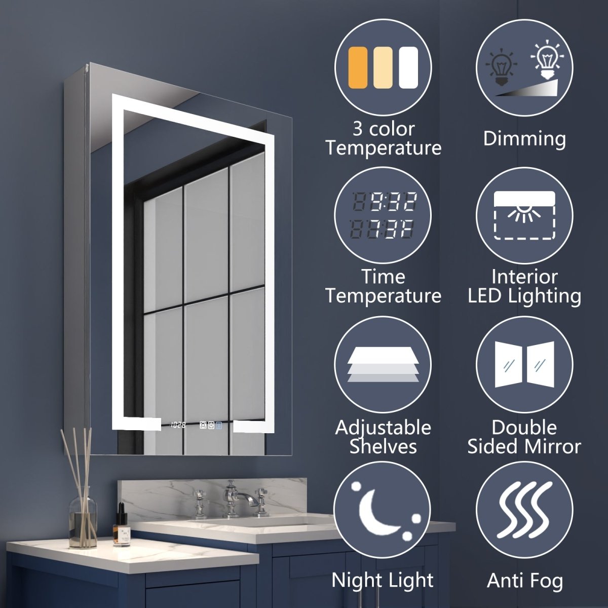 Boost-M2 24" W x 36" H LED Lighted Bathroom Medicine Cabinet with Mirror and Clock, Right Hinge