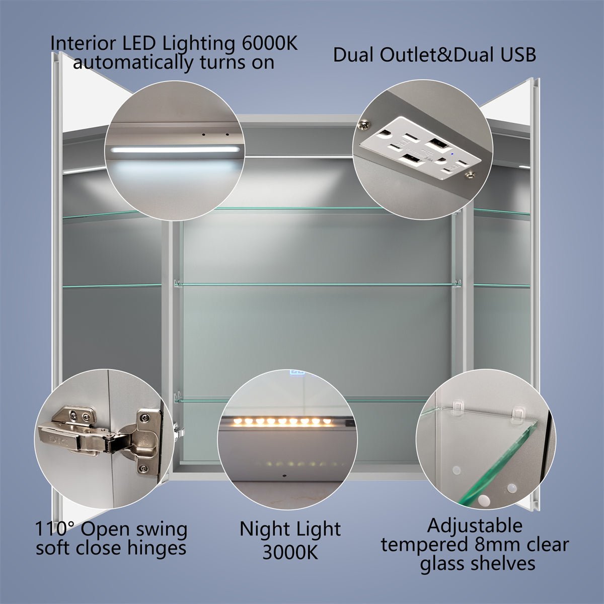 Boost-M2 30" W x 36" H Bathroom Light Medicine Cabinets Recessed or Surface Defogger, Dimmer, Clock，Outlets & USB