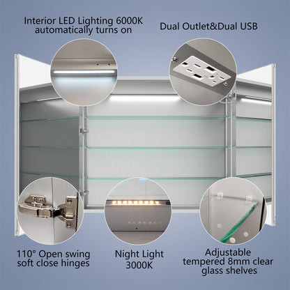 Boost-M2 36" W x 32" H Bathroom Light Medicine Cabinets Recessed or Surface Defogger, Dimmer, Clock，Outlets & USB