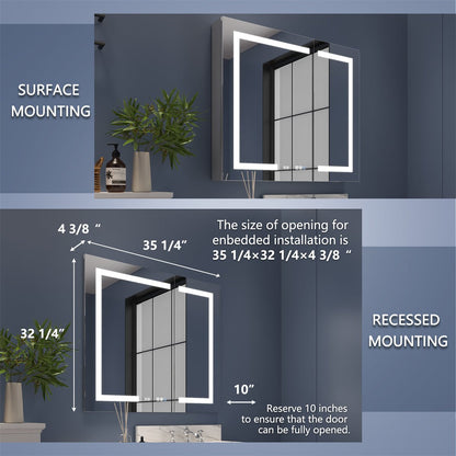 Boost-M2 36" W x 32" H Bathroom Light Medicine Cabinets Recessed or Surface Defogger, Dimmer, Clock，Outlets & USB