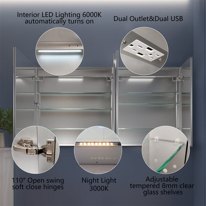 Boost-M2 66" W x 36" H Bathroom Light Medicine Cabinets Recessed or Surface Defogger, Dimmer, Clock，Outlets & USB