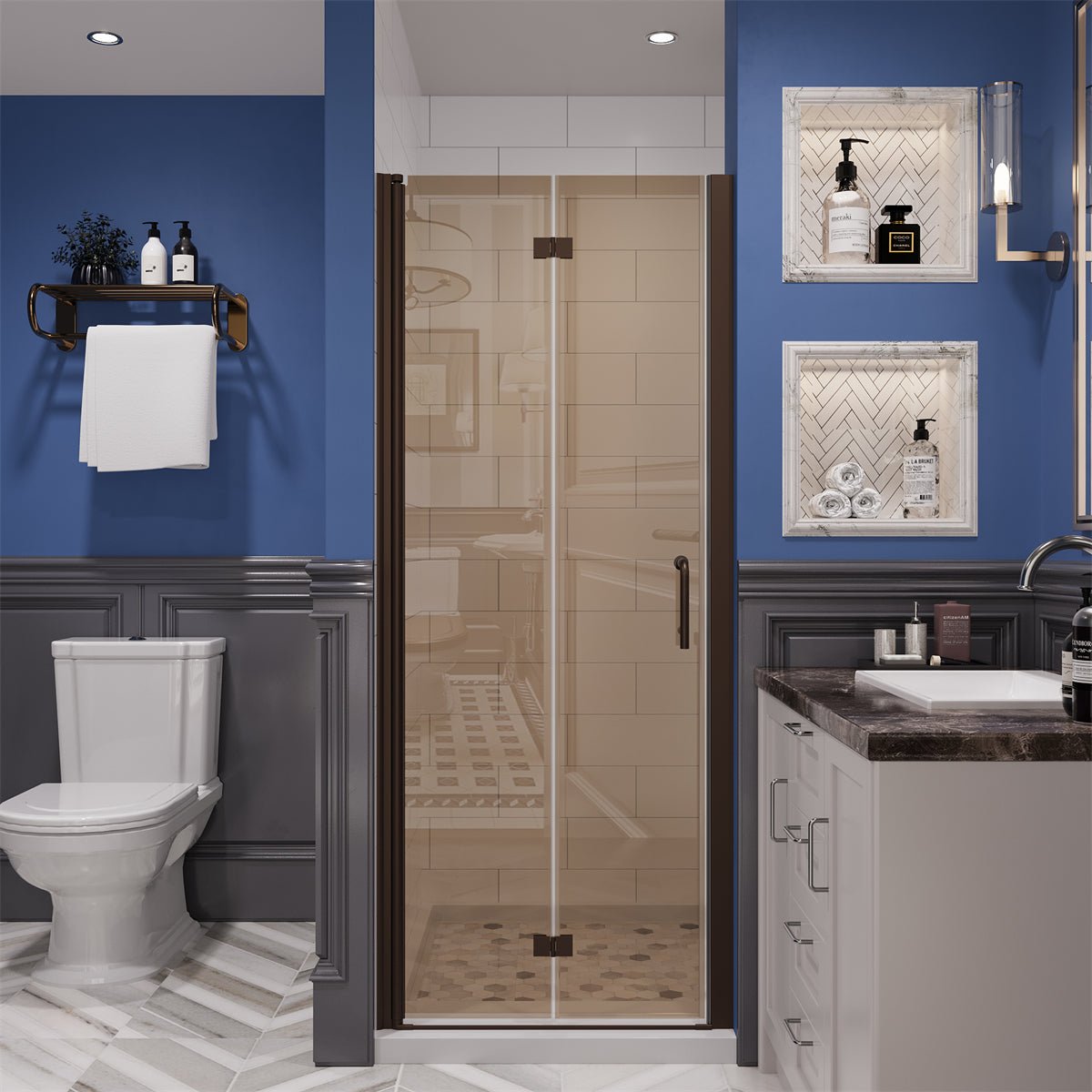 Chic 30" x 72" Bi-Fold Frameless Shower Door,Tempered Clear Glass,Amber Color,Bronze Finish