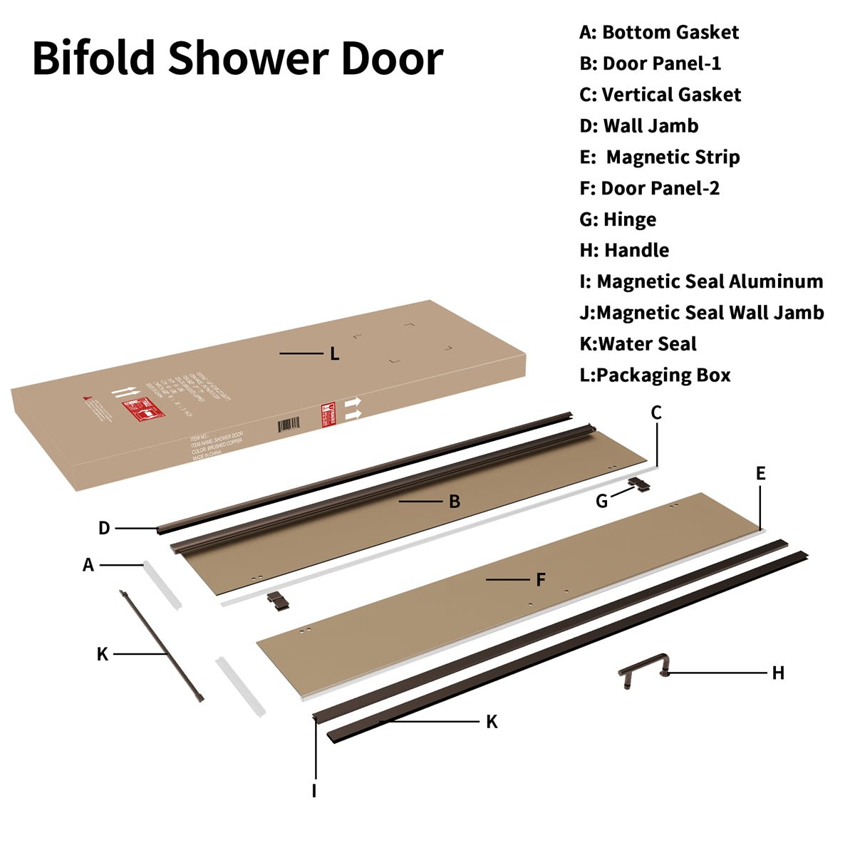 Chic 30" x 72" Bi-Fold Frameless Shower Door,Tempered Clear Glass,Amber Color,Bronze Finish