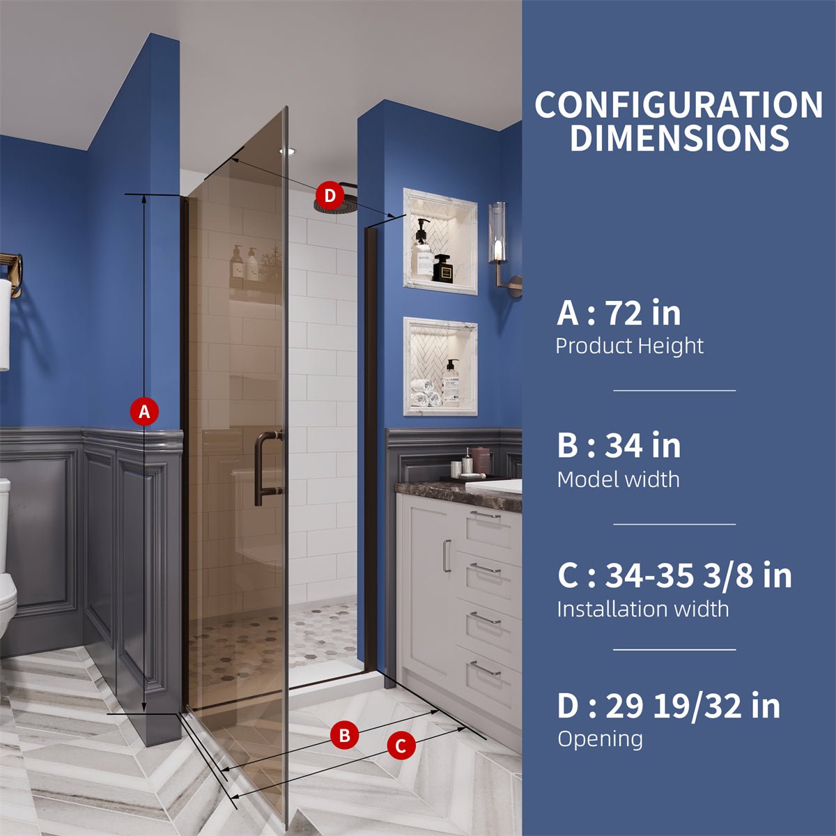 Chic 34" x 72" Pivot Frameless Shower Door,Tempered Clear Glass,Amber Color,Bronze Finish