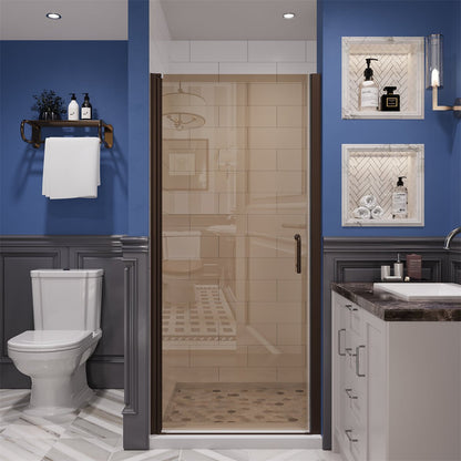 Chic 34" x 72" Pivot Frameless Shower Door,Tempered Clear Glass,Amber Color,Bronze Finish