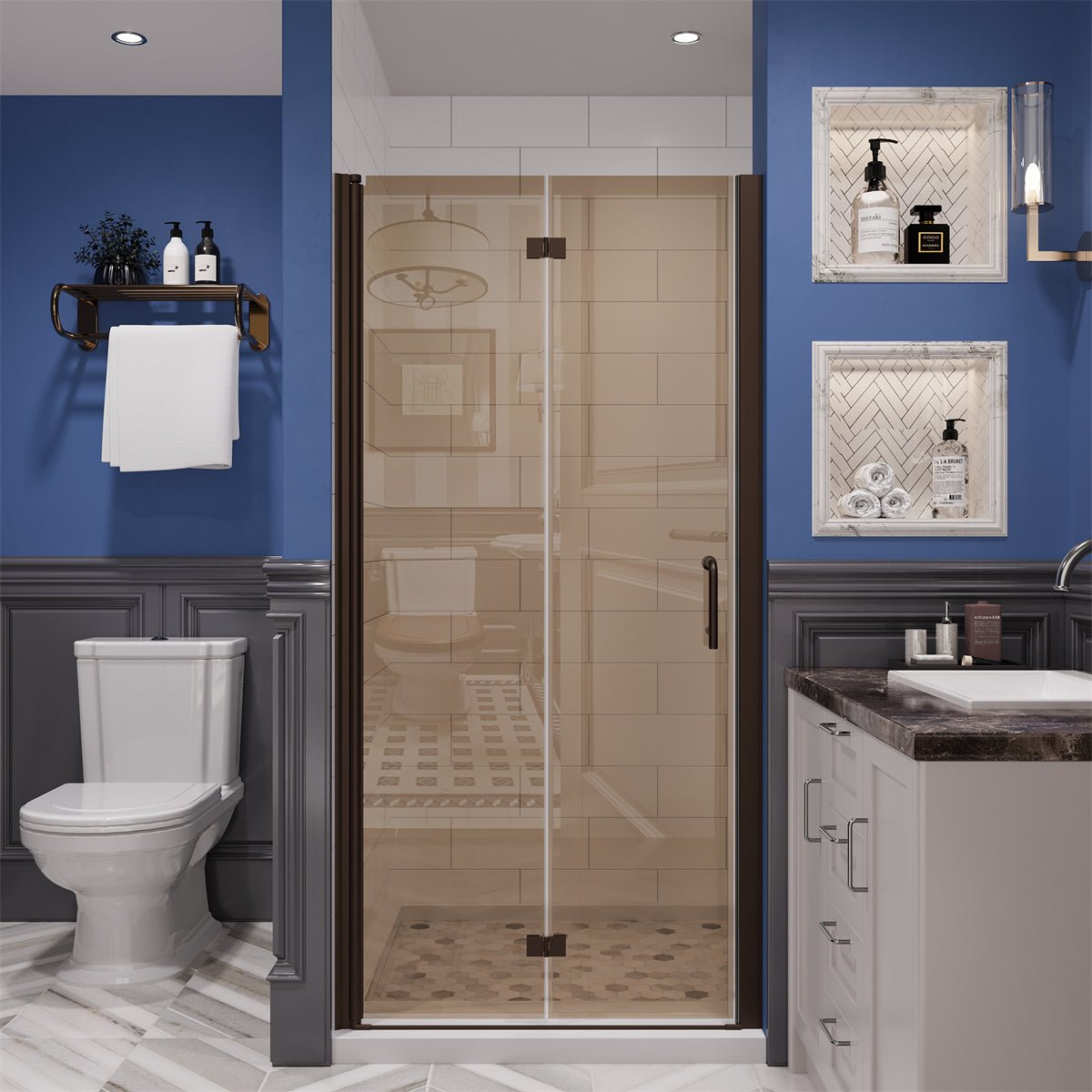 Chic 36" x 72" Bi-Fold Frameless Shower Door,Tempered Clear Glass,Amber Color,Bronze Finish