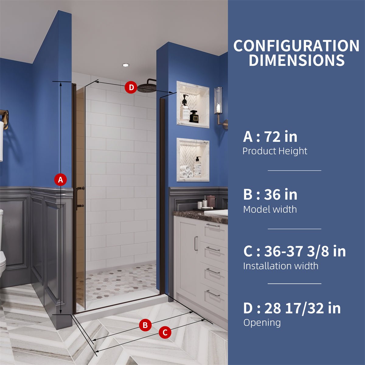 Chic 36" x 72" Bi-Fold Frameless Shower Door,Tempered Clear Glass,Amber Color,Bronze Finish