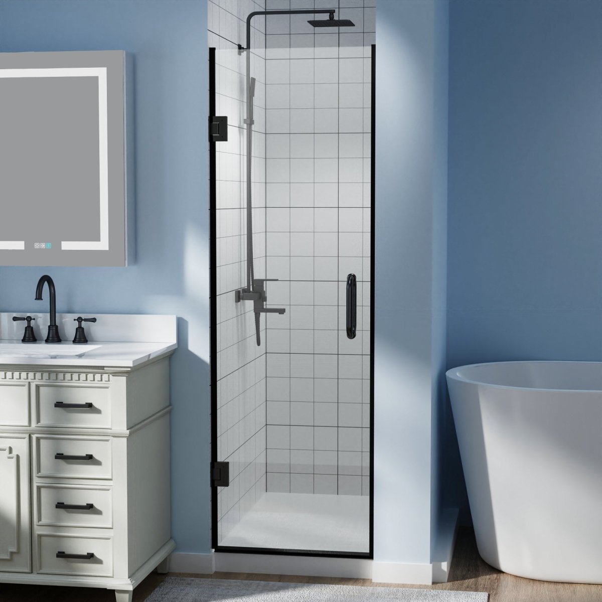 Classy 72 in. H x 24 in. W Frameless Hinged Shower Door in Black with Handle and Clear Glass