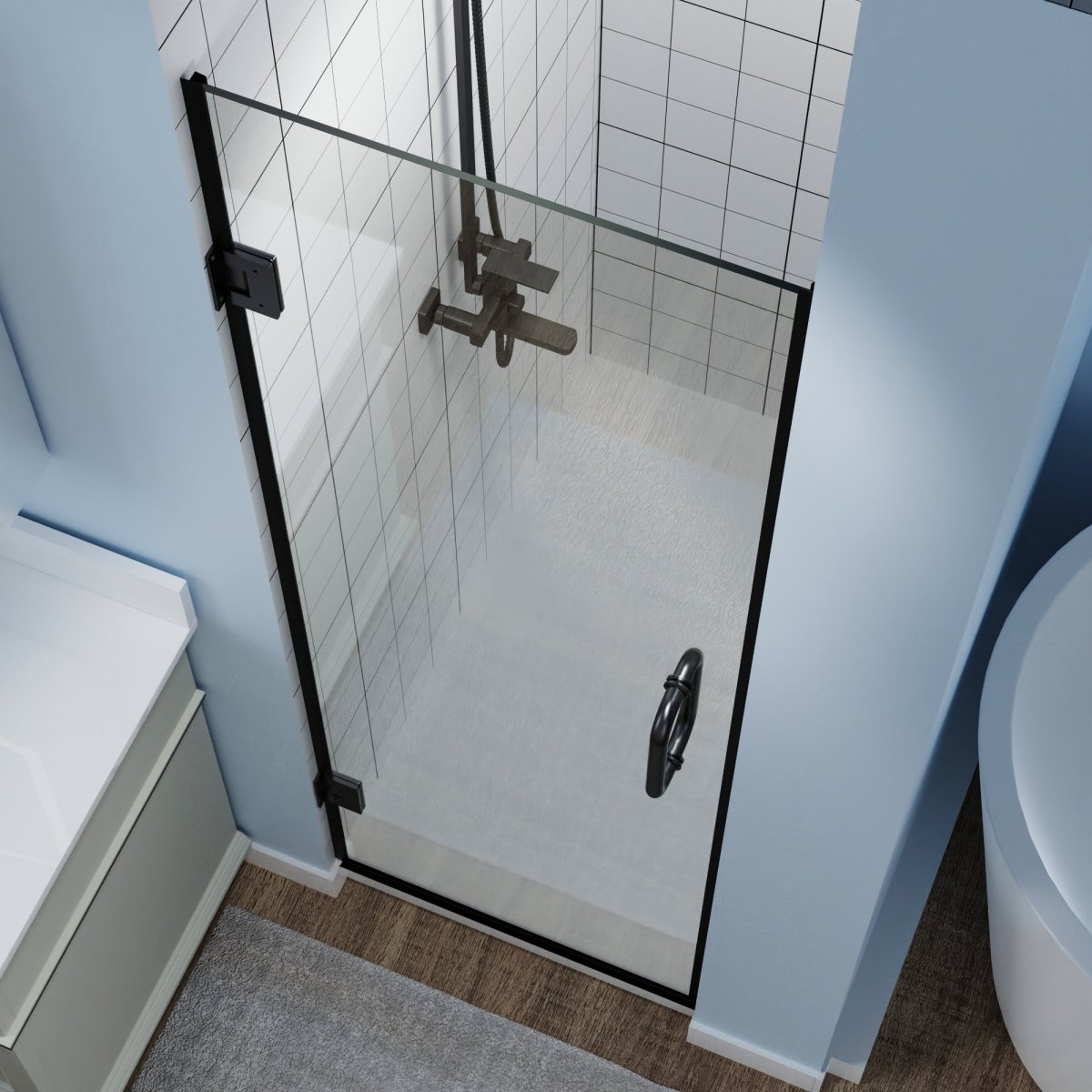 Classy 72 in. H x 24 in. W Frameless Hinged Shower Door in Black with Handle and Clear Glass