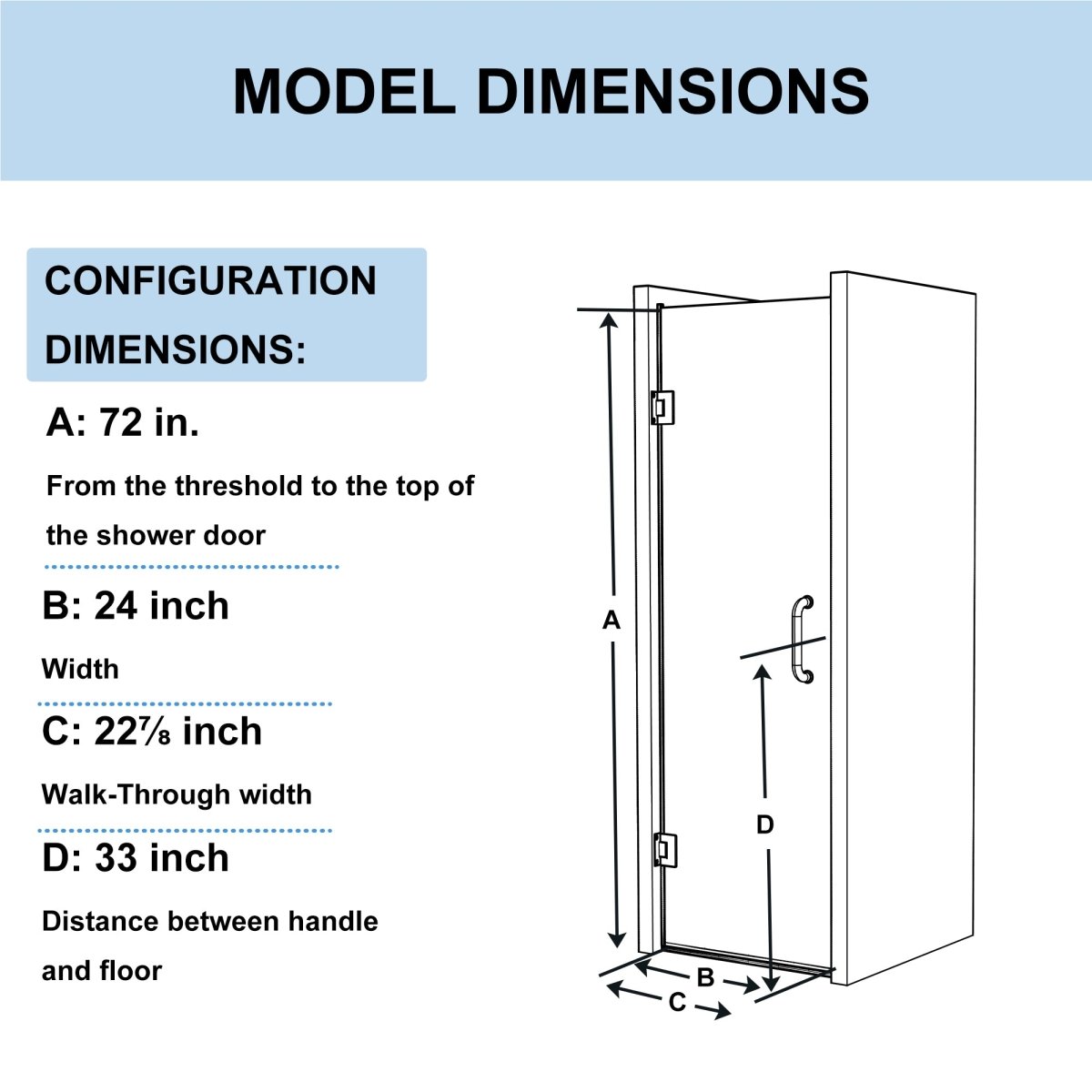 Classy 72 in. H x 24 in. W Frameless Hinged Shower Door in Black with Handle and Clear Glass