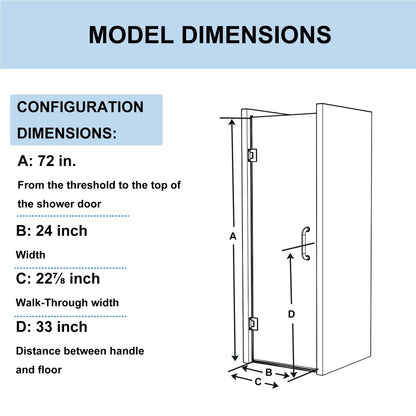 Classy 72 in. H x 24 in. W Frameless Hinged Shower Door in Black with Handle and Clear Glass