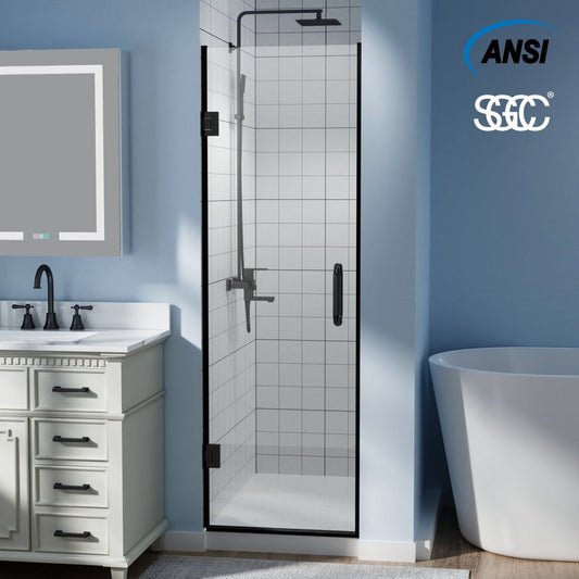 Classy 72 in. H x 24 in. W Frameless Hinged Shower Door in Black with Handle and Clear Glass