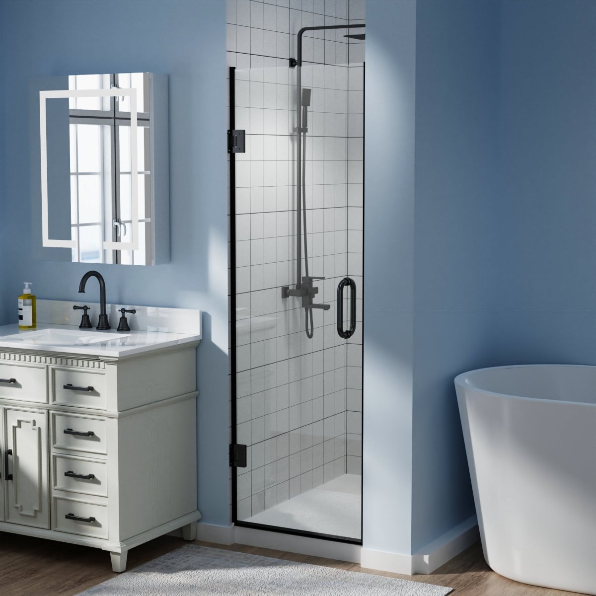 Classy 72 in. H x 24 in. W Frameless Hinged Shower Door in Black with Handle and Clear Glass