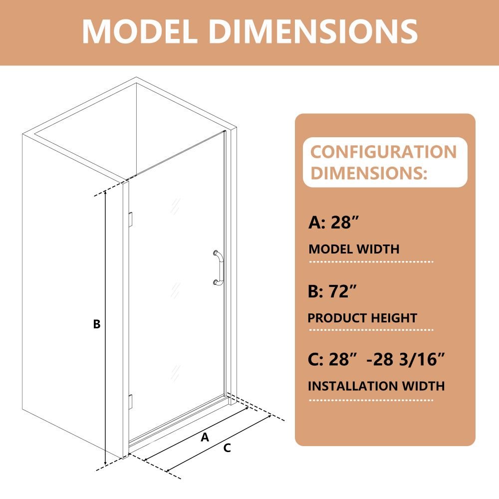 Classy Shower Door 28in.W x 72in.H Semi-Frameless Hinged Shower Door,Shower Room Glass Door with Clear Tempered Shower Glass,Chrome