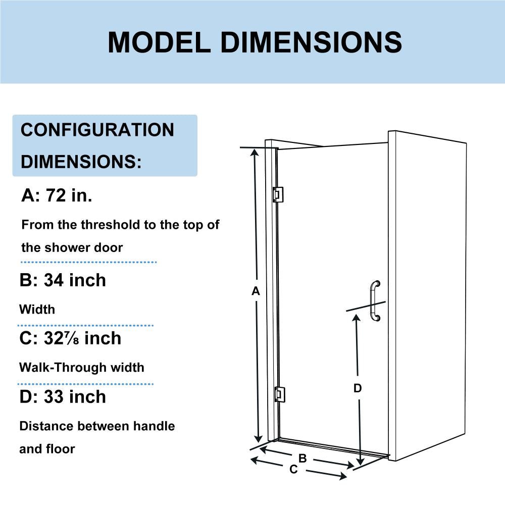 Classy Shower Door 34in.W x 72in.H Semi-Frameless Hinged Shower Door,Shower Room Glass Door with Clear Tempered Shower Glass Panel,Chrome