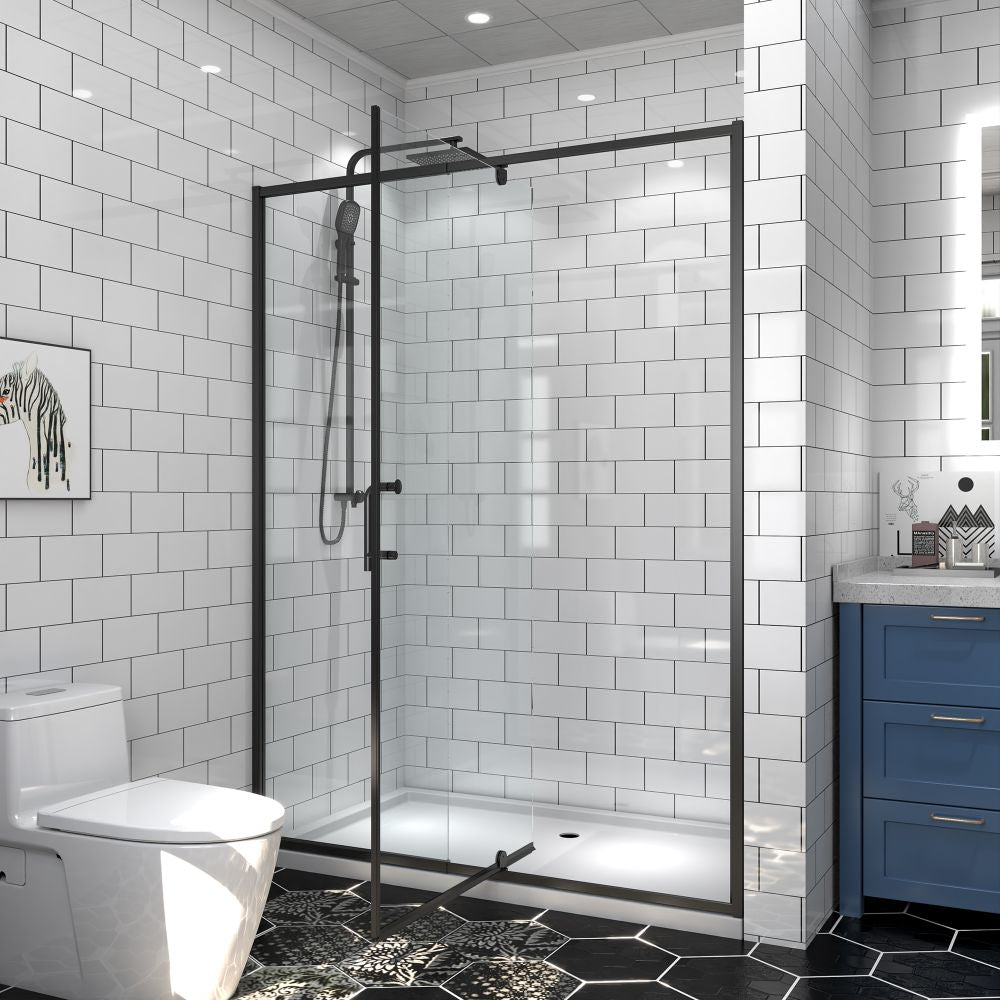 Classy Showers 50-54" W x 71" H Glass Shower Doos Semi-Frameless,6mm Clear Tempered Glass Panel, Black Finish