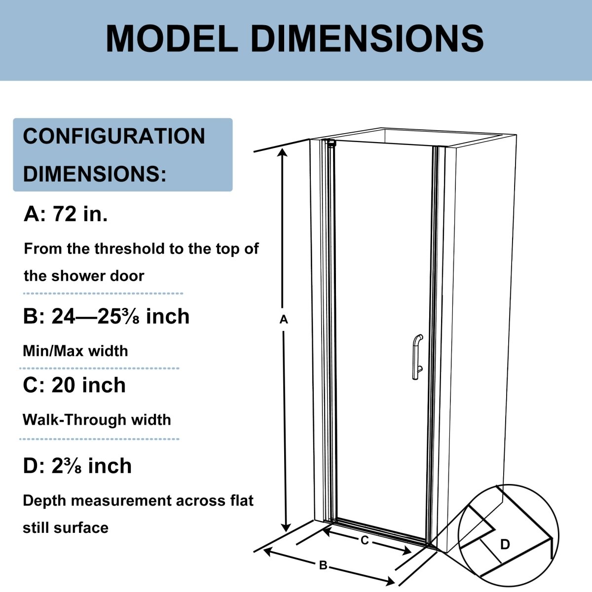ES-DIY 24-25.5 in. W x 72 in. H Small Shower Door Hinged Pivot Black Install Clear Glass Shower Door - ExBriteUSA