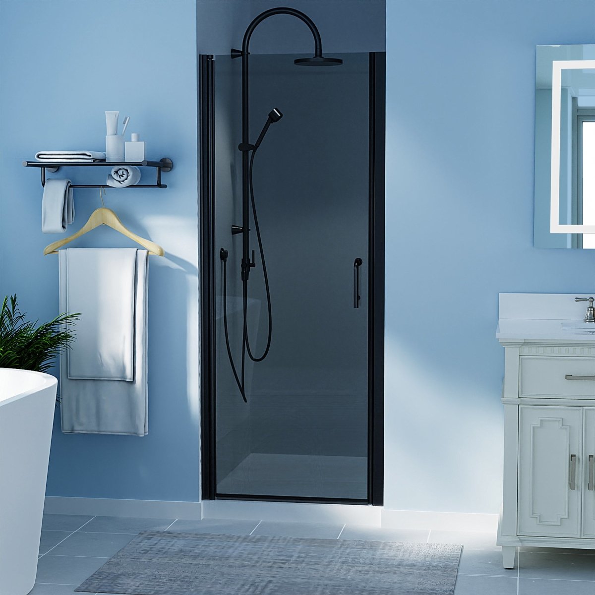 Chic 30-31 1/2" W x 72" H Pivot Shower Door Matte Black Frosted Glass Shower Door with Handle