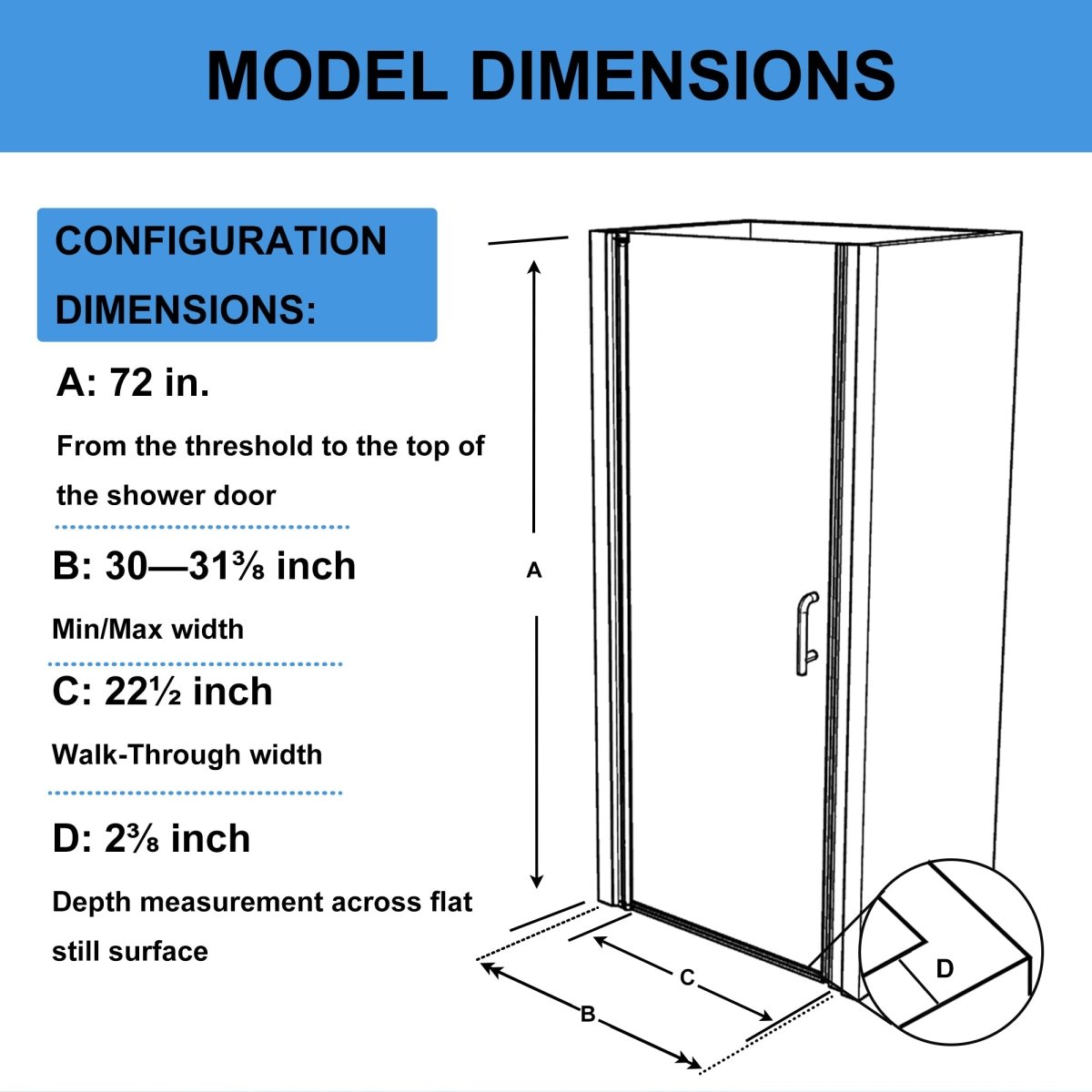 Chic 30-31 1/2" W x 72" H Pivot Shower Door Matte Black Frosted Glass Shower Door with Handle