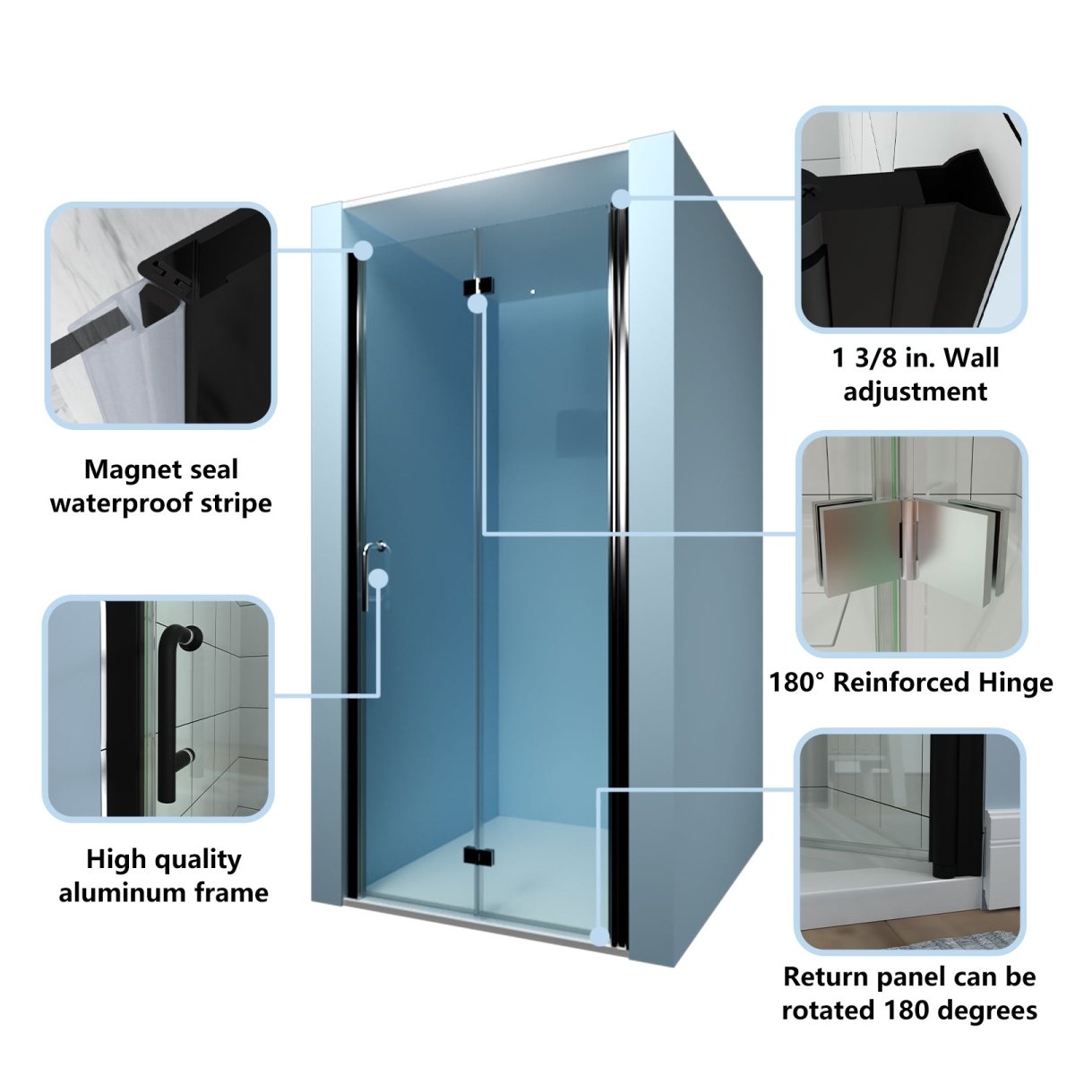 ES-DIY 34-35.5 x 72 inch Folding Frameless Swing Hinged Shower Doors in Black Chrome - ExBriteUSA