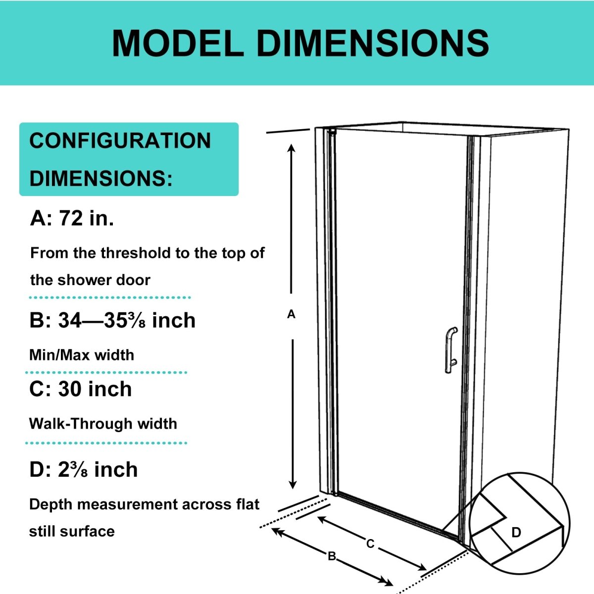 Classy 34-35 1/2" W x 72" H Hinged Pivot Semi-Frameless Shower Door Brushed Nickel Install Glass Shower Door