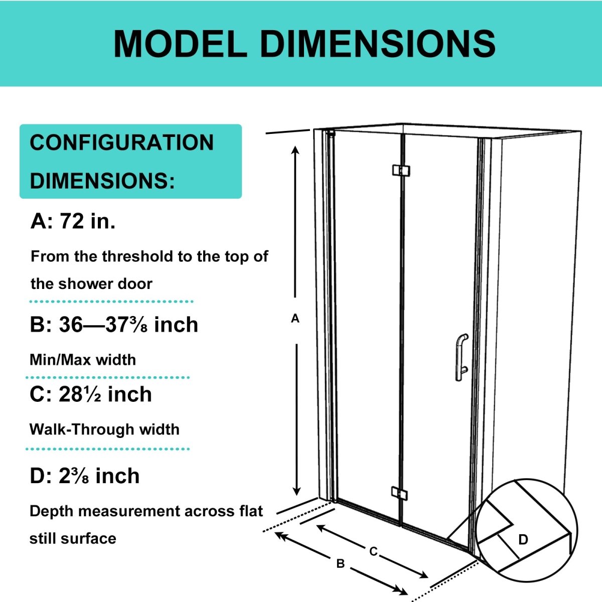 ES-DIY 36-37.5 in. W x 72 in. H Bi-Fold Frameless Swing Shower Door Nickel Shower Door - ExBriteUSA
