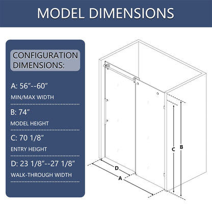 Glide 56-60 in. W x 74 in. H Frameless Tall Shower Door Sliding Walk-in Shower Design with 5/16 in.thick Clear Glass