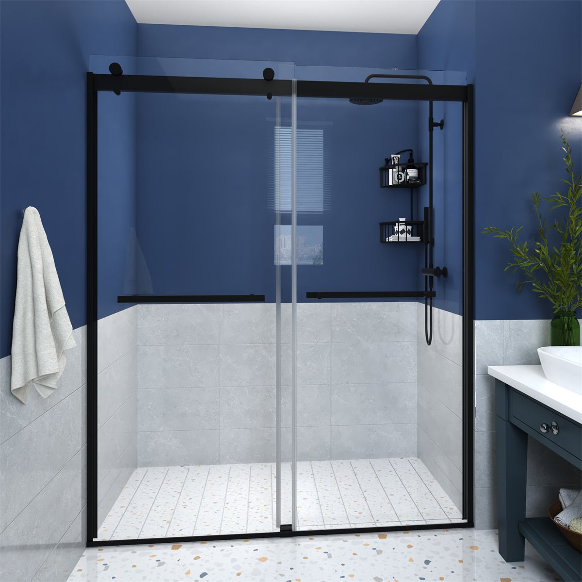ES-DIY 56"-60"in. W x 74"in. H Framed Shower Door Matte Black Sliding Shower Door, Clear Tempered Glass - ExBriteUSA