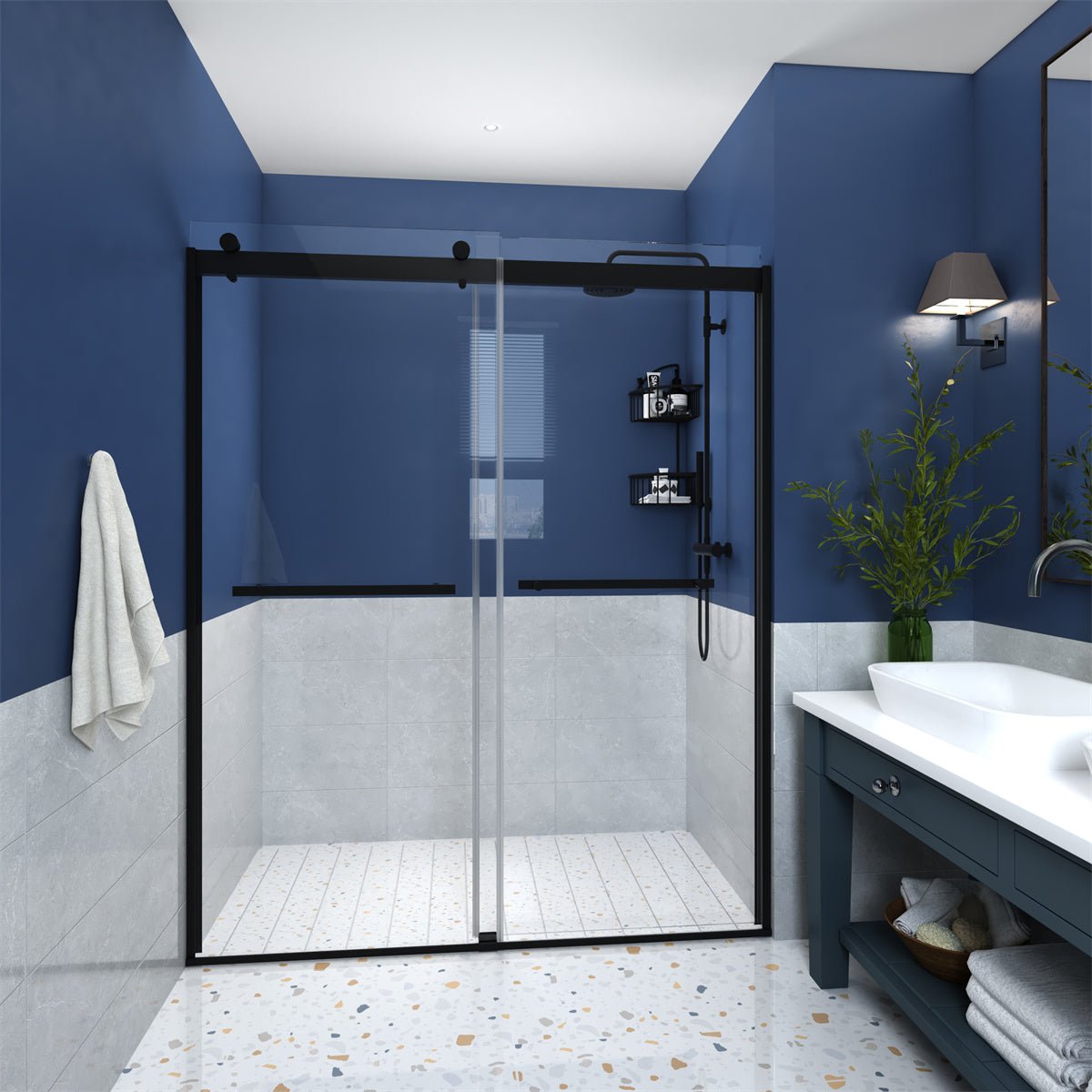 ES-DIY 56"-60"in. W x 74"in. H Framed Shower Door Matte Black Sliding Shower Door, Clear Tempered Glass - ExBriteUSA