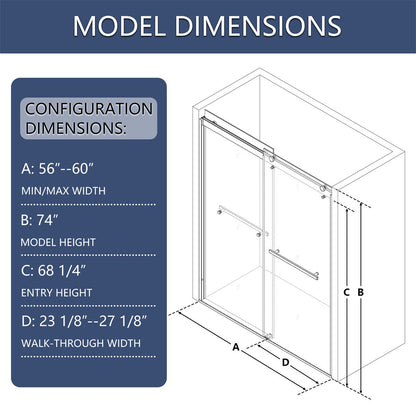 ES-DIY 56"-60"in. W x 74"in. H Framed Shower Door Matte Black Sliding Shower Door, Clear Tempered Glass - ExBriteUSA