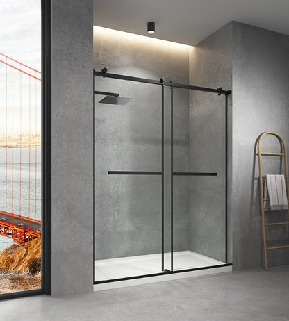ES-DIY 60" W x 76" H Sliding Frameless Shower Door in Matte Black with Clear Glass - ExBriteUSA