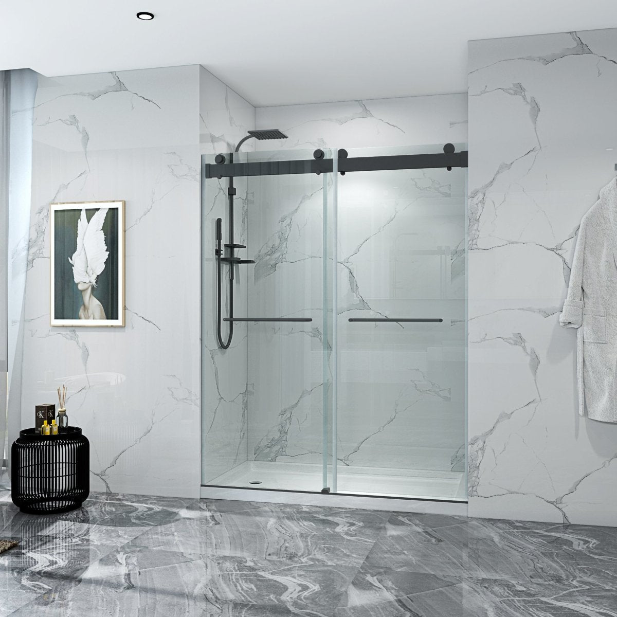 ExBrite 60" W x 76" H Sliding Frameless Shower Door in Matte Black with Clear Glass