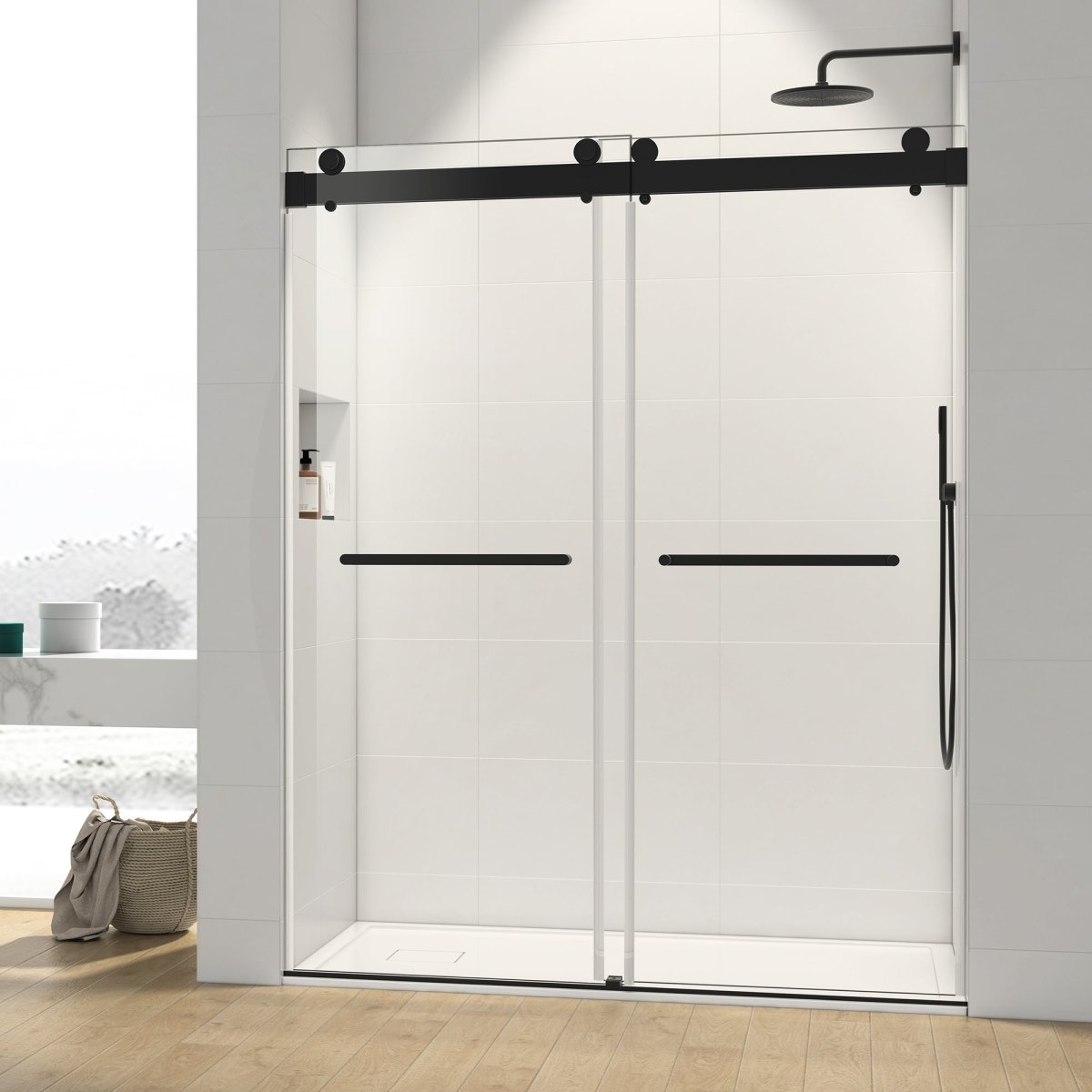 ExBrite 60" W x 76" H Sliding Frameless Shower Door in Matte Black with Clear Glass