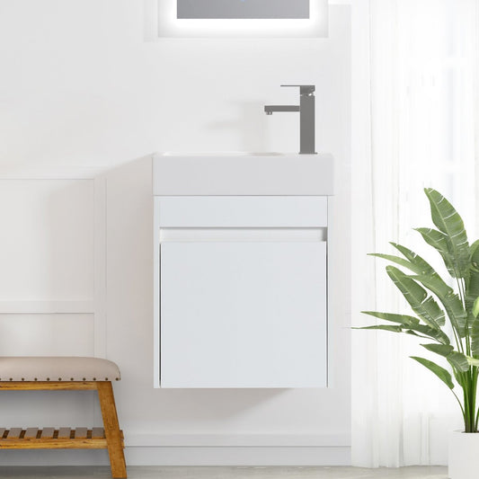 ExBrite 18'' Floating Wall-Mounted Bathroom Vanity with White Resin Sink & Soft-Close Cabinet Door