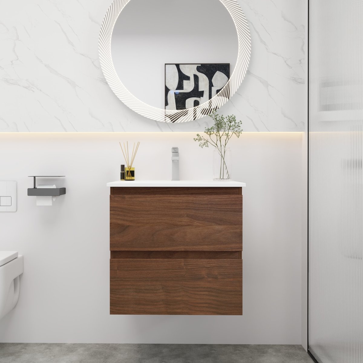 ExBrite 24" Brown Oak Bathroom Vanity With Gel Basin Top