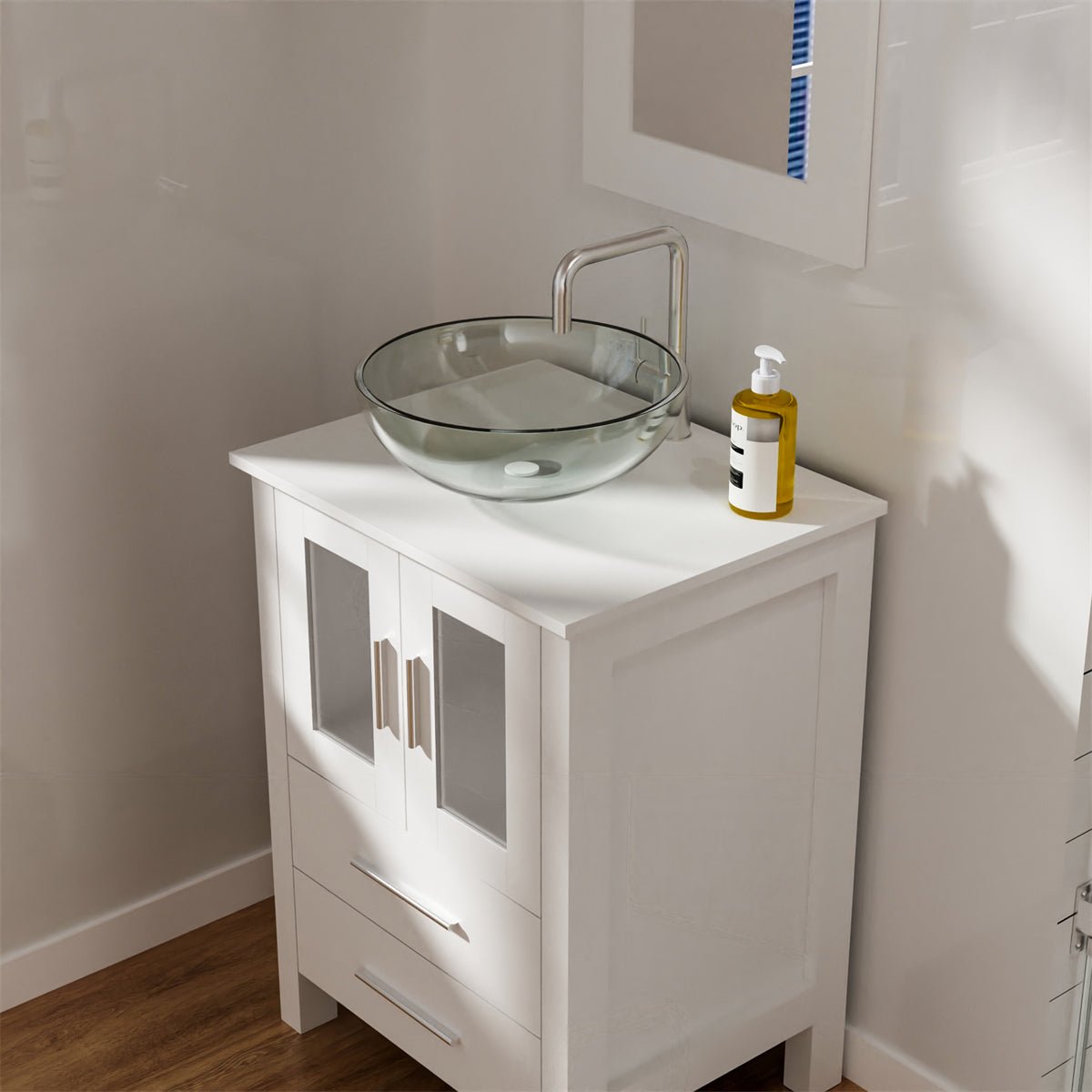Exbrite 24 in.W x 19 in.D x 32.3 in.H White Wooden Minimalist Bathroom Cabinet Vanity with Mirrors,Two Floor