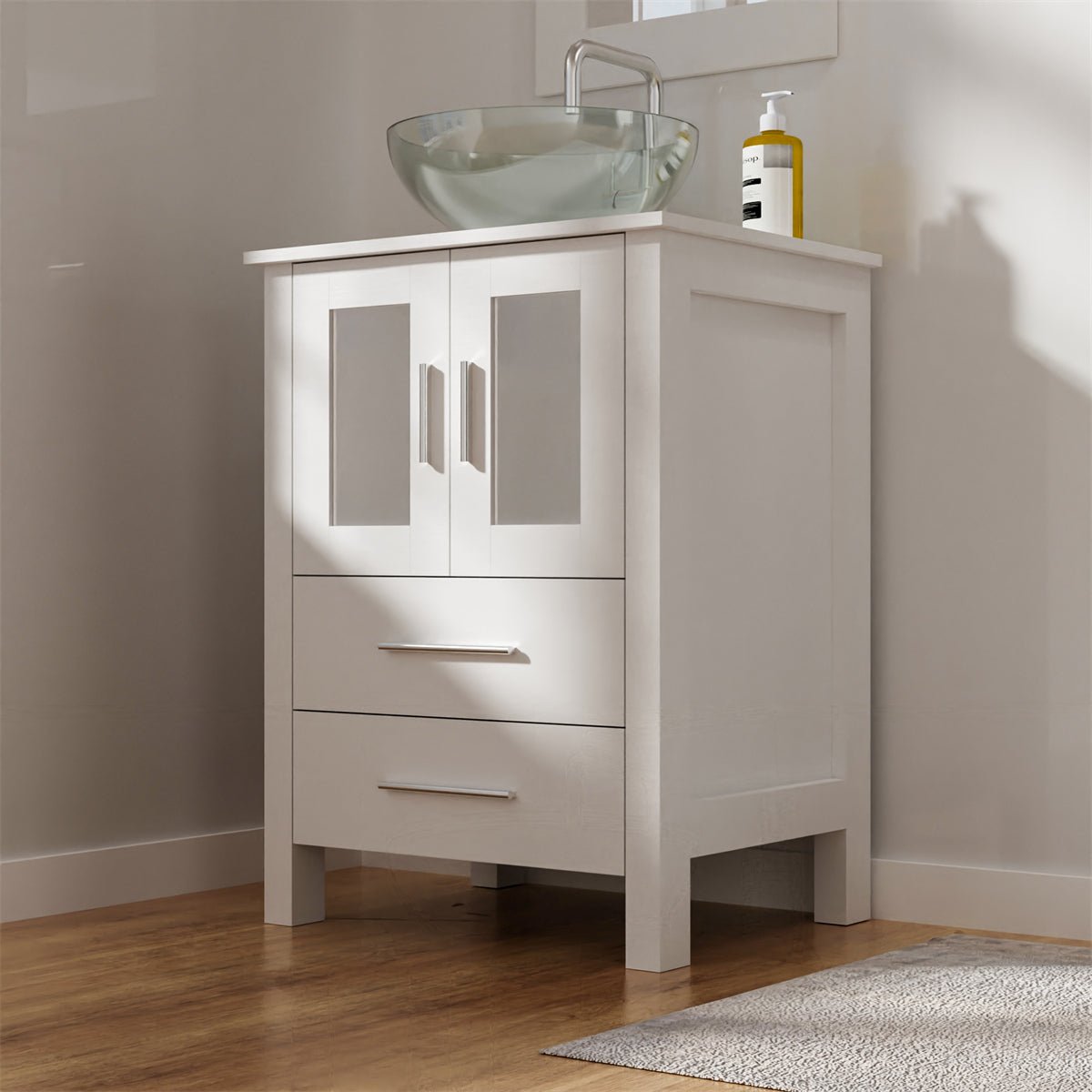 Exbrite 24 in.W x 19 in.D x 32.3 in.H White Wooden Minimalist Bathroom Cabinet Vanity with Mirrors,Two Floor