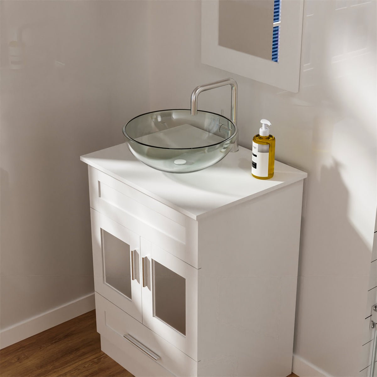 Exbrite 24 in.W x 19 in.D x 32.3 in.H White Wooden Minimalist Bathroom Cabinet Vanity with Mirrors,Single Floor