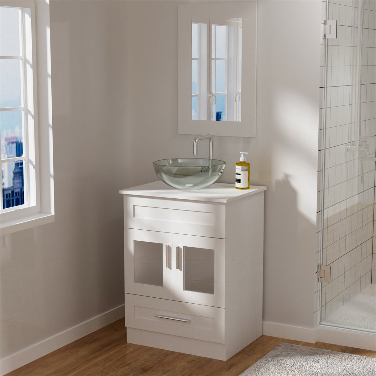 Exbrite 24 in.W x 19 in.D x 32.3 in.H White Wooden Minimalist Bathroom Cabinet Vanity with Mirrors,Single Floor